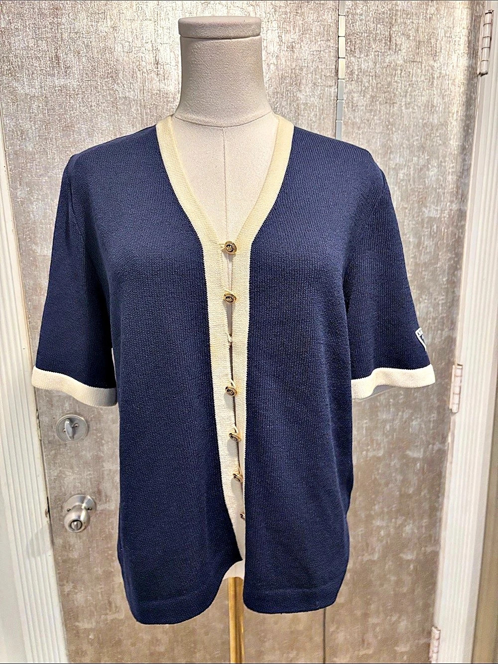 St. John Navy & Cream Contrast Trim Cardigan, L